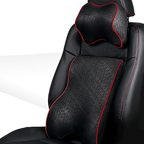 High Grade Super Soft Space Memory Cotton Car Pillow Set Car Headrest Neck Support Pillow Car Lumbar Back Support Pillow Car Cushion Covers (Black-red line)