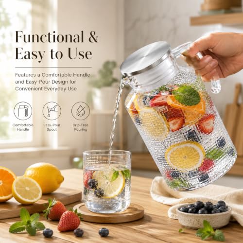Image of Wringo Premium Glass Water Jug - 2LTR, Transparent, Hot Cold Water Glass Pitcher with Wooden Lid Water Jug, Iced Tea, Milk and Juice Beverage Carafe, Lemon Jug 2000ML (WQ-19)