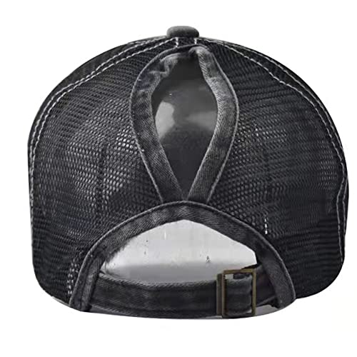 Utowo Women Baseball-Caps Distressed-American-Flag Ponytail-High-Bun Trucker Dad-Hats (Black - High Ponytail Mesh) #TOP6