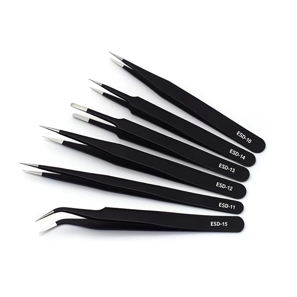Littimoon ESD Anti-Static Tweezers 6-Pc Practical Stainless Steel Tool for Electronic Repair and Process Modeling,Bending