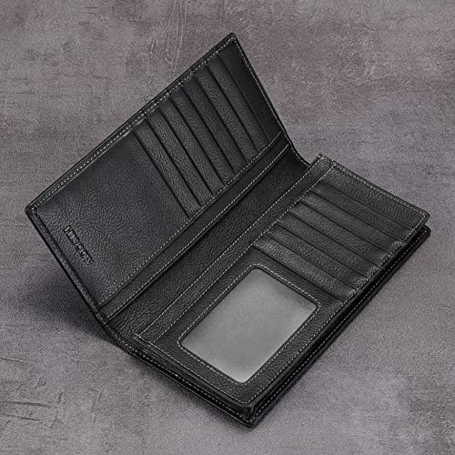 Image of HISCOW Full Grain Leather Men's Long Wallet, 15 Card Slots, Vintage Black, One Size, Classic | Gusseted bill compartment, tall bifold design, clear ID window, ideal for coat pockets or briefcases, turned-edge, gift box