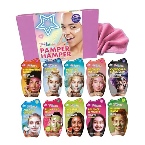 7th Heaven Luxury Pamper Hamper - 10 Face Masks & Spatula - Beauty Gift Set for Women - Skincare Set with Peel-Off Clay & Hydrating Masks - Spa Experience at Home Skin Care