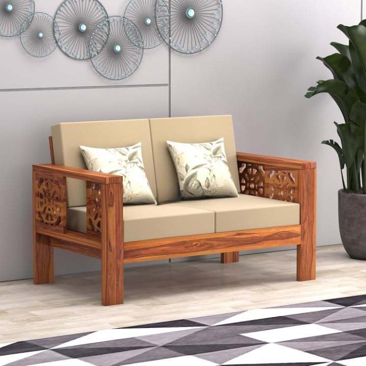 Solid Sheesham Wooden 2 Seater Sofa Set - Two Seater Sofas with Comfortable Cushion | Wooden Sofa 2 Seater for Living Room Home & Office Furniture Decor (Honey Finish)