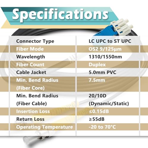 Image of 30ft / 10m Armored OD-5mm OS2 LC to ST Single Mode Fiber Cable, LC-ST Fiber Optic Patch Cord, Duplex 9 /125um SMF Optical Jumper, Black