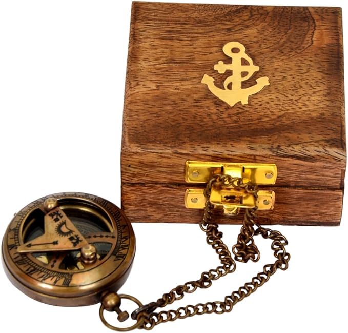 Antique Brass Vintage Sundial 2 Inches Push Button Compass with Wooden Box, Antique Steampunk Decor, Sun Clock, Unique Handmade Best Gift for Men, Women,