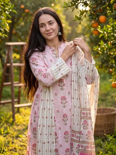 Image of INDO ERA Women's Pure Cotton Floral Printed Beads and Stones Work Kurta & Pant with Dupatta Set (IEAI13104)