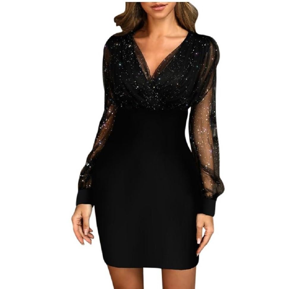 Women's Sparkle Glitter Mesh Deep V Neck Long Sleeve Bodycon Mini Club Party Dress
