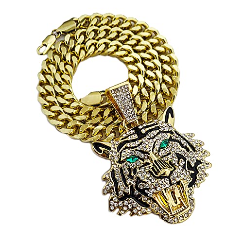 Iced Gold Plated Large Simulated Diamond Tiger Head Bling Pendant & 10mm 18