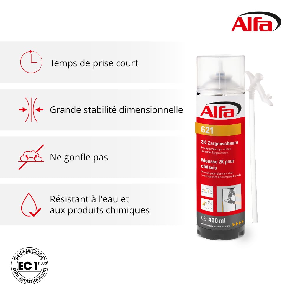 621 ALFA - Mousse PU expansive bi-composants 400ml manuelle pour châssis, 2 pièces, à durcissement rapide, rendement du volume 12-14 l (une fois posé)