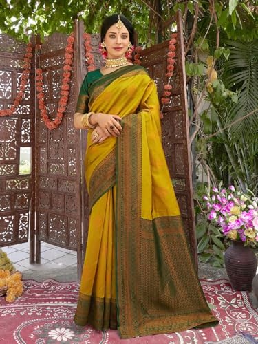 Image of Women's Soft Art Silk Kanjivaram Saree and Unstitched Blouse Piece with Floral Rich Pallu and Jacquard Jari Work On All Over | South Indian Saree