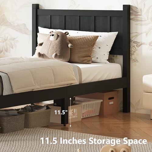 Image of Twin Size Vintage Bed Frame with Headboard, Farmhouse Wooden Platform Bed with Under-Bed Storage, Minimalist Modern Wood Grain Finish Bedframe for Bedroom (Black)