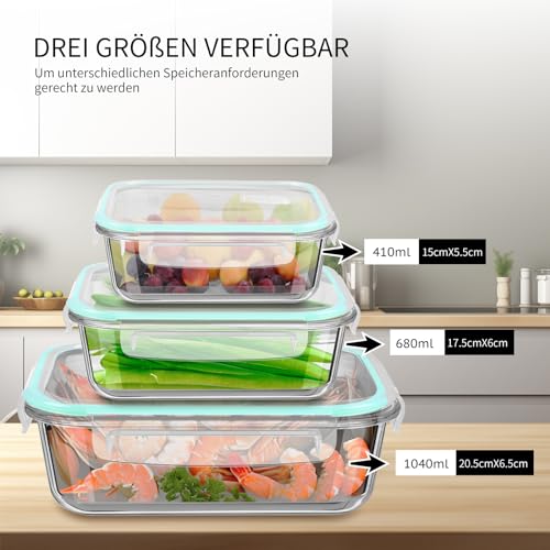 LXUDN 3er Meal Prep Boxen Glas, BPA-Frei Glasdosen mit Deckel, Vorratsdosen Frischhaltedosen Glas mit Deckel, Glasschüssel mit Deckel (1040ml, 680ml, 410ml), DD-320 5