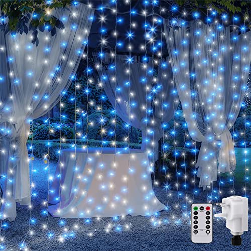 CORST 2M x 2M Curtain Light Mains Powered, Backdrop Window Curtain Light Hanging Roof Fairy Lights Plug in with Remote Timer,Linkable,204 LED for Room Indoor Gazebo Decor(Blue+White)