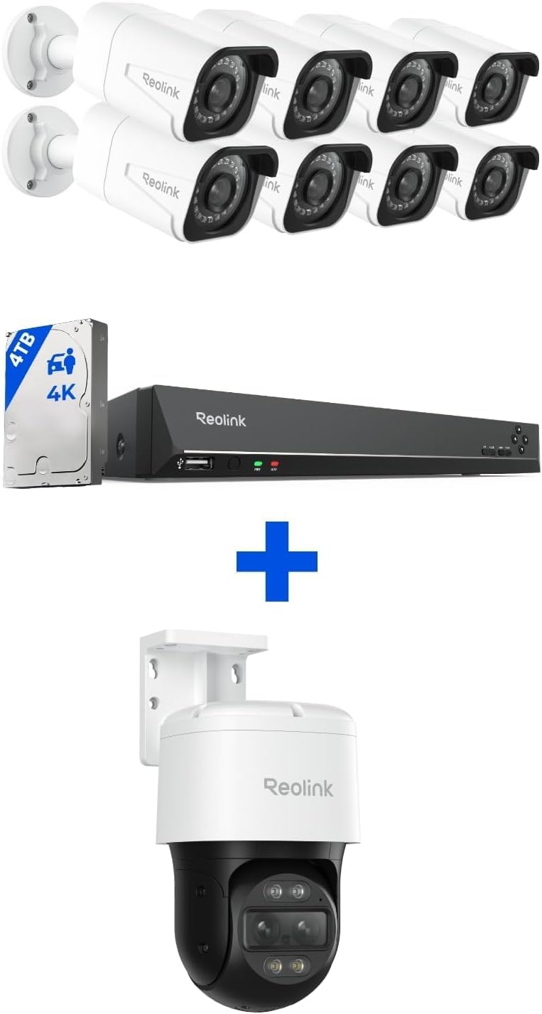 REOLINK 4K PoE Security Camera System, 8pcs Person/Vehicle Detection IP Cameras, 16CH NVR with 4TB HDD, Bundle with PTZ SecurityOutdoor 360 Camera Trackmix PoE
