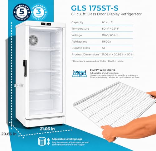 Image of GRS Commercial Display Refrigerator with Glass Door Lock | Cool Air Flow & Temperature | Beverage fridge, Drink and Wine Cooler with Adjustable Display Shelf for Stores and Bars | Silver, 6.0 Cu. Ft