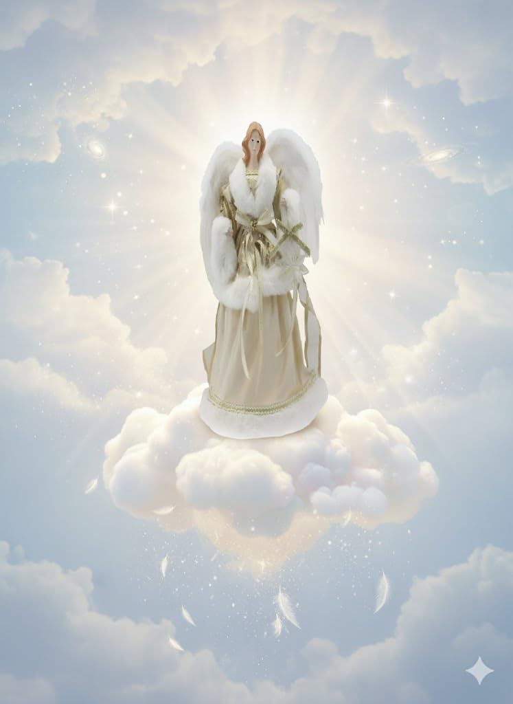 Angelo h 40 Bianco e oro con ali puntale per albero di natale decorazione casa vestito Elegante Pelliccia e Ricami