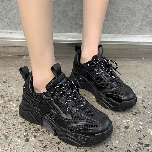 Women's Platform Sneakers Low Top Lace-Up Breathable Thick-Sole Casual Sneakers Women's Fashion Mesh Sneakers (Black,8.5)3