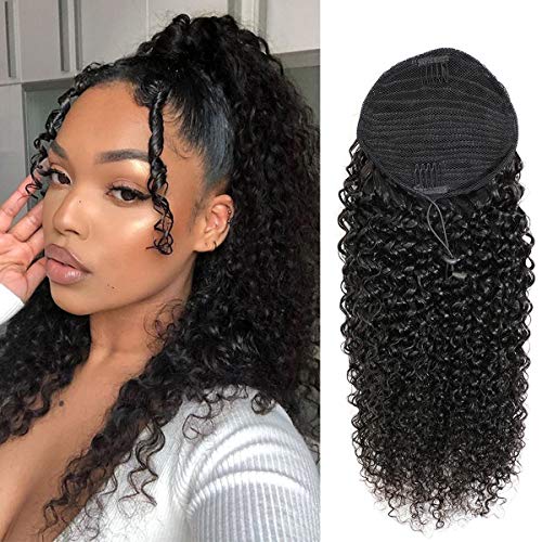 Curly Human Hair Ponytail with Wrap Drawstring 3C Remy Brazilian Human Hair Natural Color Afro Kinky Curly Hair Piece Clip-in Extensions Remy Hair Pieces for Women (20 Inch, Curly)