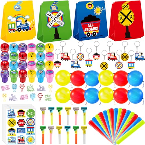 Image of Lenwen 252 Pcs Train Party Favors Candy Bags Punch Balloons Stamps Stickers Train Slap Bracelets Keychain Noisemakers for Boy Kids Birthday Supplies