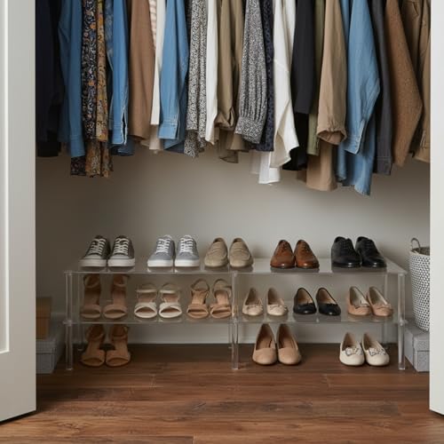 Image of 2-Tier Acrylic Shoe Shelf, Clear Acrylic Organizer, 42.5 inch L x 11.8 inch W x 12.2 inch H, Each Tier Holds up to 6 Pairs of Heels, Sneakers, Flats, Ideal for Closet, Entryway, Bedroom, Easy Assembly