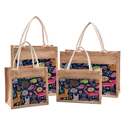 Mnsruu Forest Animal Plant Fox Rabbit Jute Tote Bags Women Grocery Shopping Bags with Handles for Outdoor Travel 8.7 x 11.8 x 5.9 inches