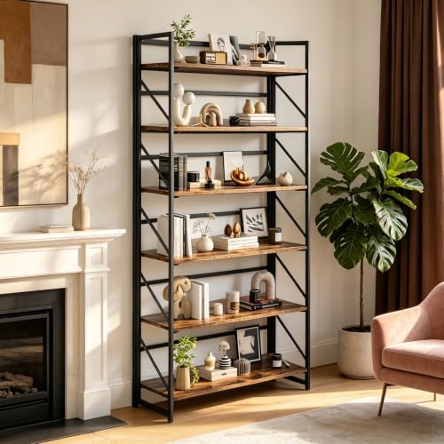 Image of JSB 6 Tier No Assembly Folding Bookshelf, 30.7 inch Wide Foldable Storage Bookcase for Home Office, Space-Saving Storage Shelf for Living Room (Fire Brown)