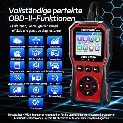 OBD2 Diagnosegerät, Universal Auto Auslesegerät für Alle OBDII Fahrzeuge nach 2000, Fehlerauslesegerät kfz alle Autos Lesegerät mit Vollständigen OBDII Funktionen, Geeignet für BMW VW Mercedes Audi