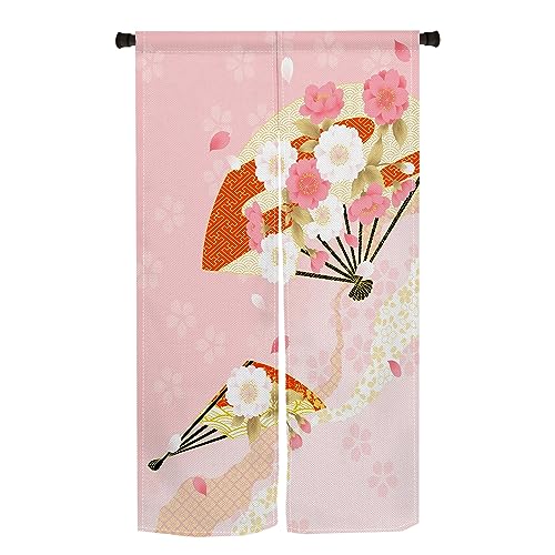 Qinunipoto 暖簾 和風 花柄 桜の花と扇 のれん シンプル風 幅85cm丈150cm インテリア 出入り口 目隠し おしゃれ すだれ 遮光 部屋 間仕切りカーテン 門カーテン ポリエステル製 オーダー可 簡単取付 四季兼用
