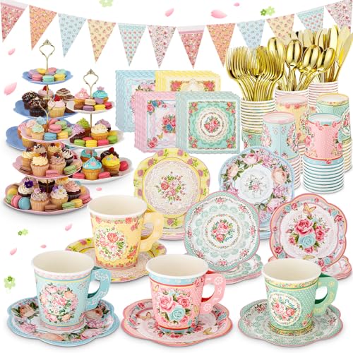 Nuogo 244pcs/40set Disposable Tea Party Supplies Vintage Floral Paper Tea Plates Cups Napkin 3 Tier Cake Stand Bunting Banner and Disposable Tableware for Birthday Baby Shower Bridal Wedding Serve 40