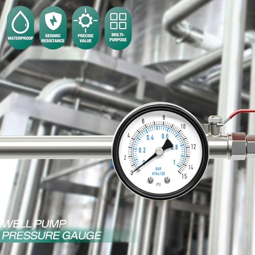 Image of 0-15PSI Well Pump Pressure Gauge 2 inch Dial Size, 1 /4 inch NPT Back Mount, 3-2-3% Accuracy, for Tube, Water Pump, Gas, Liquid, Pressure Test