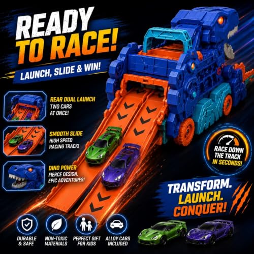 Image of TEC TAVAKKAL Big Hauler Storage & Transform Transport Truck Toy for Kids |3-in-1 Carrier Truck with 2 Foldable Ejection Race Tracks & Die-Cast Cars |61 Inch Dual Racing Track |Educational Toy (Dino)