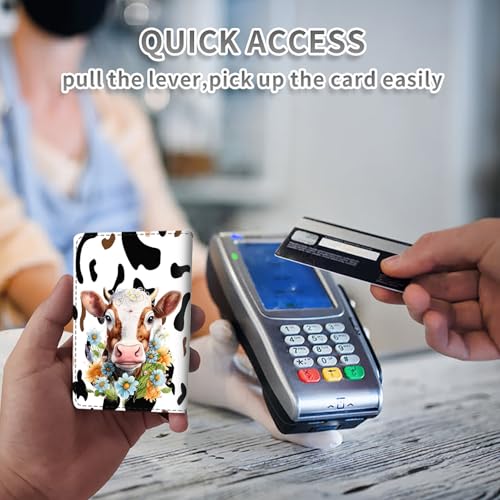 Credit Card Holder PU Leather Trifold Pop Up Card Slot Wallet, with RFID Blocking & Magnetic Close Credit Cards Cash Wallets, Slim Pocket Credit Card Holder for Women Men, Cute Cow3