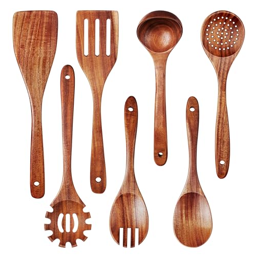 Homikit Küchenhelfer Set aus Holz, 7 Stück Küchenutensilien Kochlöffel Holz mit Pfannenwender Holzspatel Holzlöffel, Hitzebeständig Kochutensilien Kochbesteck Set für Küche, Gesund
