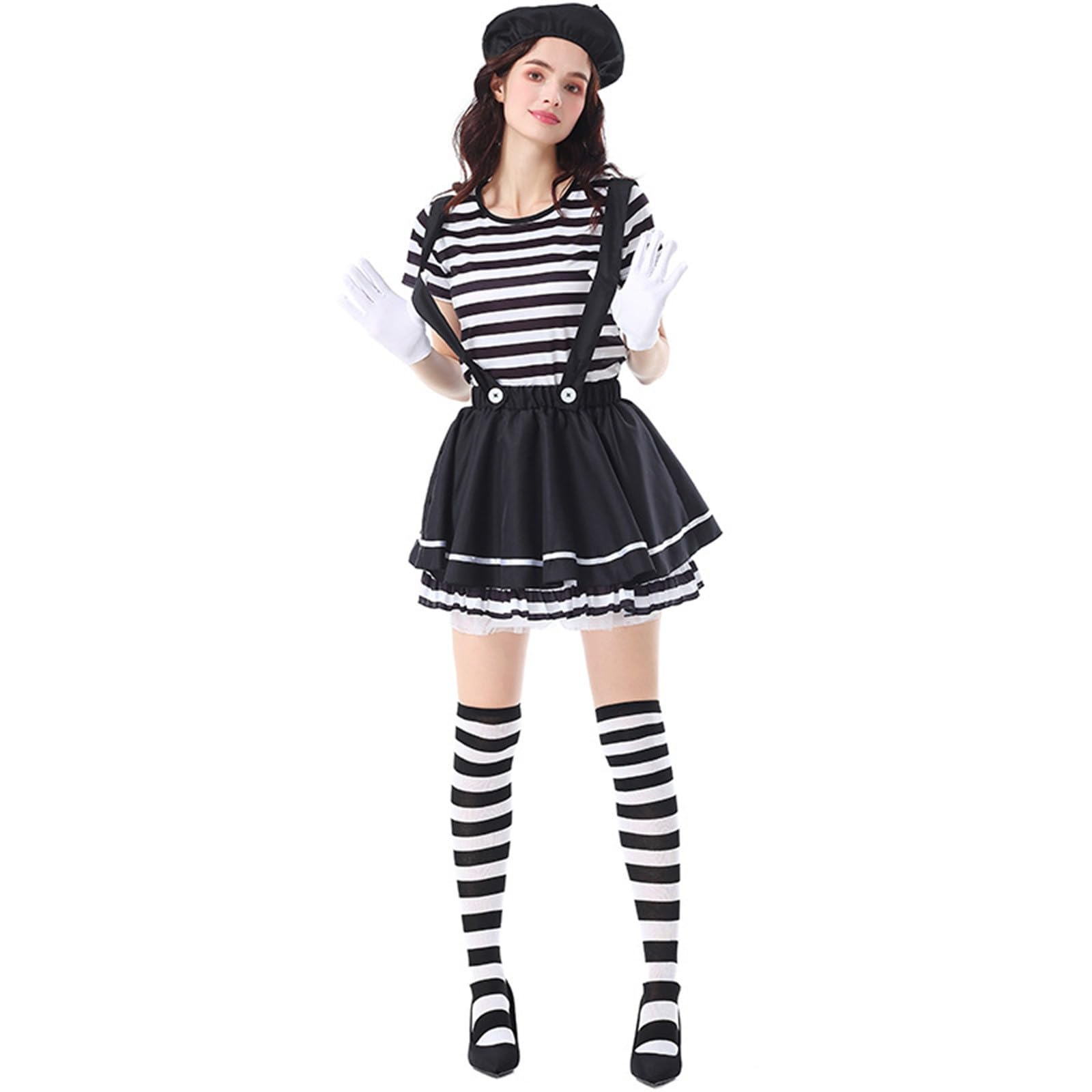 Faschingskostüme Damen Pantomimen Kostüm Damen Gestreift Träger Tüllrock Clown Perfekt Für Halloween Und Party Pantomime Kostüm