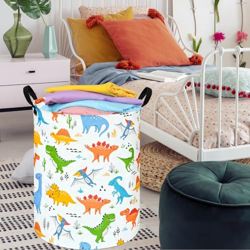Image of Round Dinosaur Pattern Laundry Hamper Clothes Storage Basket Fabric Storage Hamper Organization Storage Bin, Nursery Box,Gift Basket with Handles