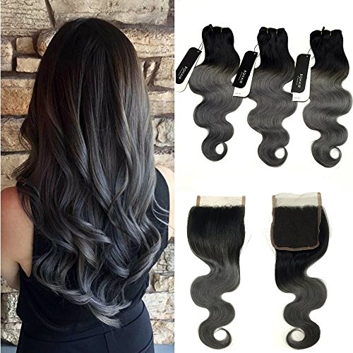 BQ Dark Root Ombre Grey Human Hair Bundles Body Wave 3 Bundles with 4x4 Free Part Swiss Lace Closure 100% Brazilian Ombre Virgin Human Hair Grey Weave (18"18"18"+closure12")
