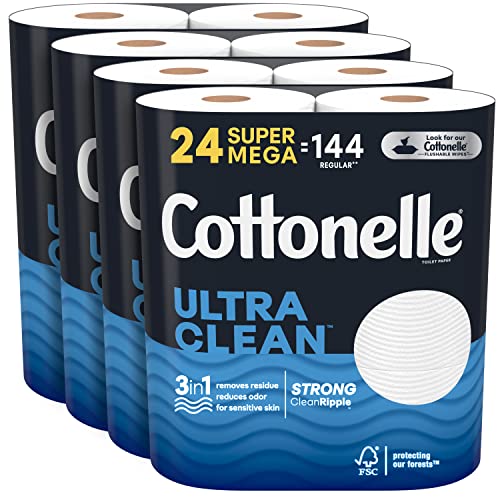 Image of Cottonelle Ultra Clean Toilet Paper, Strong Toilet Tissue, 24 Super Mega Rolls (24 Super Mega Rolls = 144 Regular Rolls) (4 Packs of 6), 468 Sheets per Roll, Packaging May Vary White