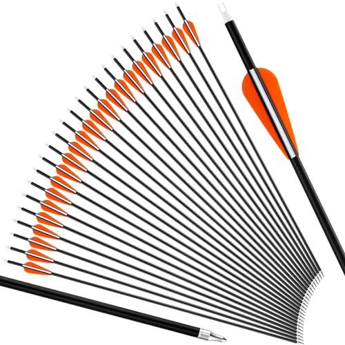 Arrowbash 24 Pcs 31.5 Inch Arrows for Compound Bow Hunting Arrows Carbon Arrows with 3 Inch Plastic Arrow Feathers and Removable Tips 500-600 Spine Archery Target Arrows for Recurve Bow(Orange)
