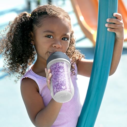 Image of Chicco Insulated Straw Sippy Cup 12+ Months, 9oz Toddler Training Cup with Spill-Free Flip-Top Lid, BPA-Free 2-Pack, Floral /Purple Print
