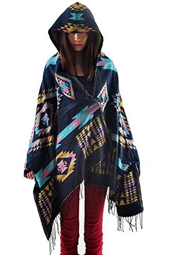 Amy Babe Aztec Print Bohemian Blanket Poncho Cape Shawl Tassel with Hoodie Cloak
