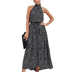 PRETTYGARDEN Women’s Casual Halter Neck Sleeveless Floral Long Maxi Dress Backless Loose Ruffle Sundress with Belt (Black,Medium)
