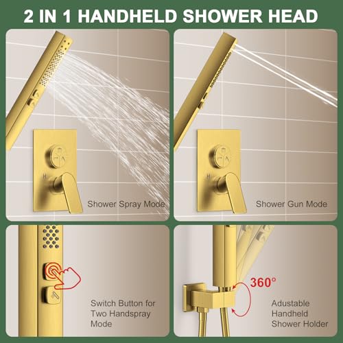 Juego de grifería para ducha Gold Shower, sistema de ducha para el hogar con desviador de botón de 3 posiciones, cabezal de ducha de lluvia de 12" para techo y cabezal de ducha de 6" para pared, ducha manual 2 en 1, kit de recorte de válvula de ducha miniatura 4