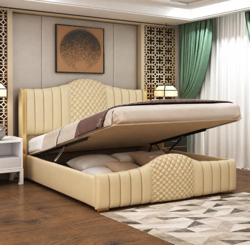 Image of Aesthetic crafts Hydraulic Bed Queen Size with Storage, Sheesham Wood Upholstered Wooden Double Bed, Queen Size Bed with Hydraulic Storage, Modern Platform Cot for Bedroom & Hotels, 6.5 x 5 Ft, Cream