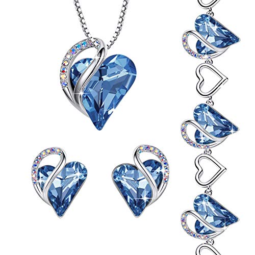 Leafael Infinity Love Crystal Heart Bundle Jewelry Set Light Sapphire Blue March December Birthstone Gifts for Women Necklace Earrings Bracelet, Silver-tone