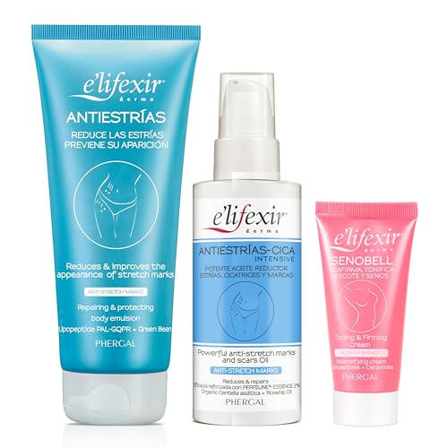 Elifexir | Aceite Antiestrías CICA Intensive + Crema Antiestrías + Minitalla Senobell | Reduce y Repara Estrías y Cicatrices | Piel más Suave y Elástica | Ideal para Embarazadas | 100 ml + 200 ml