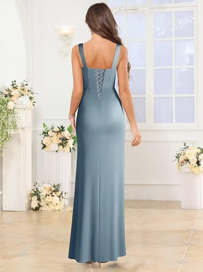 Eightale Satin Bridesmaid Dress Long with Slit Square Neck Ruched Formal Evening Gown2