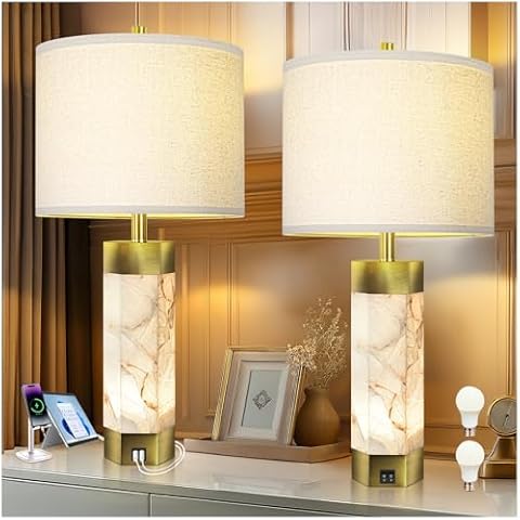 Natural Alabaster Table Lamps Set of 2,Table Lamp with Night Light for Living Room,Nightstand Lamp with USB Ports,Bedside Lamp with Linen Fabric Shade for Bedroom,Living Room,Office,Bar(Bulb Included) Cover