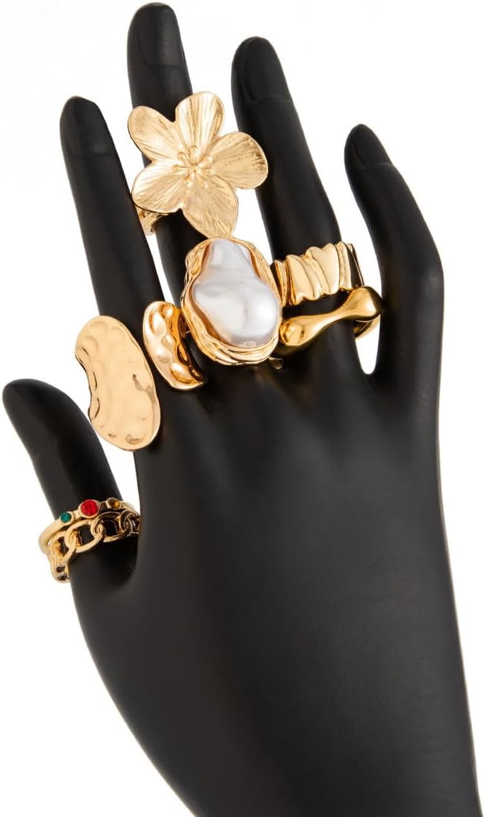 Gold Chunky Rings for Women Vintage Flower Open Statement Knuckle Ring Unique Irregular Pearl Stacking Ring Set for Women Non Tarnish Boho Rings - Image 8