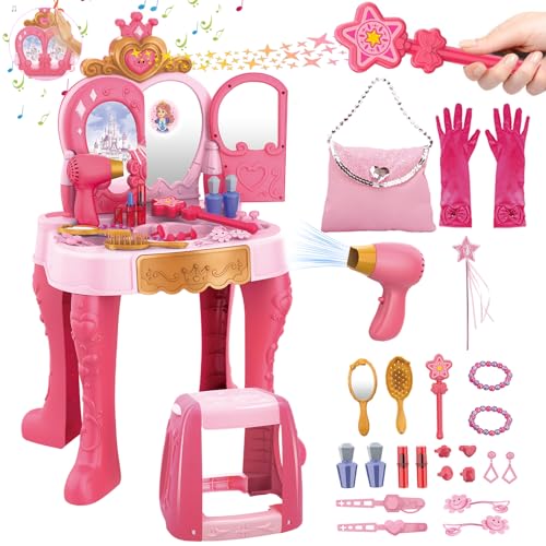 deAO Tocador Infantil Princesas con Iluminación, Música, Taburete y Accesorios, Abre la Puerta por Inducción, Conjuntos De Maquillaje y para Juegos Infantiles para Niñas Partir de 3 Años - Rosa
