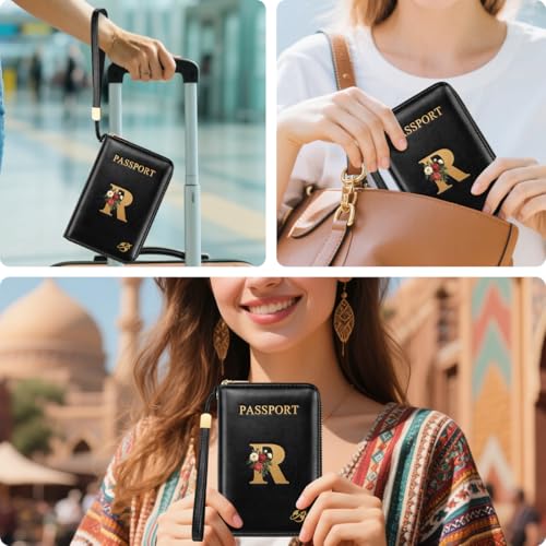 Passport Holder Cover Wallet with Zipper Personalized Initial Letter R Rose Flower RFID Blocking Travel Wallets Credit Cards Holder for Women, Gift for Wife and Girlfriend,R3